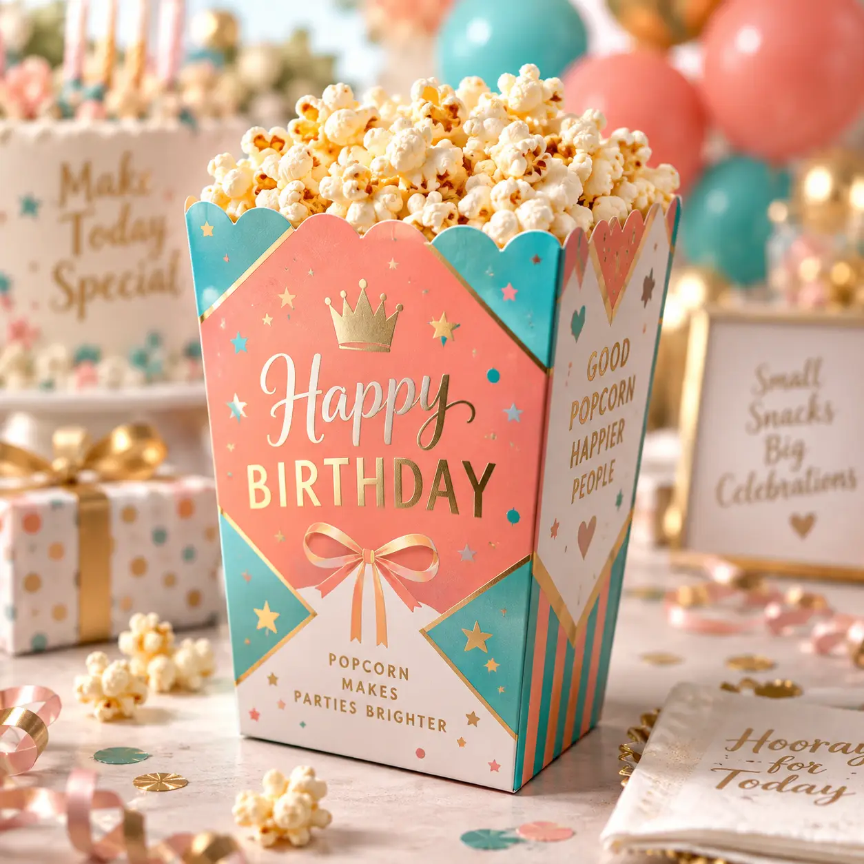 Pink teal gold Happy Birthday popcorn box filled with popcorn at festive party celebration with balloons and gifts