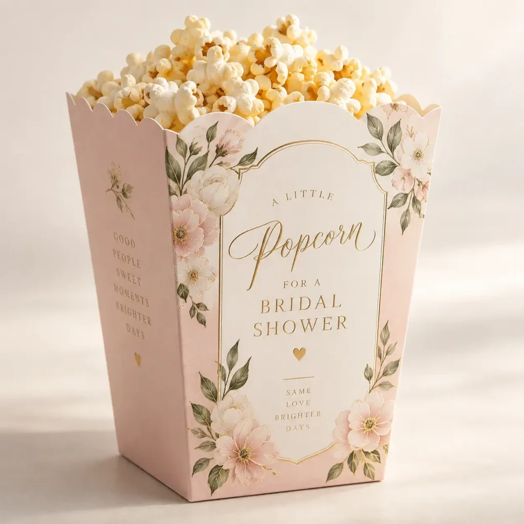 Blush pink floral bridal shower popcorn box with gold script, filled with fresh popcorn, elegant party favor packaging