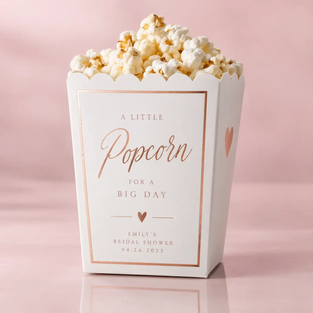 White rose gold bridal shower popcorn box favor reading Emily's Bridal Shower 04.26.2025 filled with popcorn on pink background
