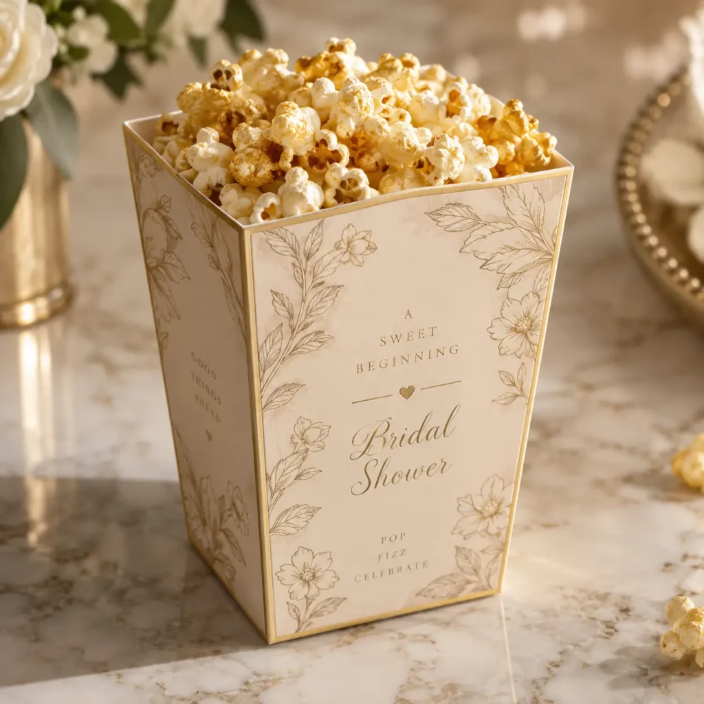 Elegant ivory gold bridal shower popcorn box with floral design on marble surface, luxury party favor packaging