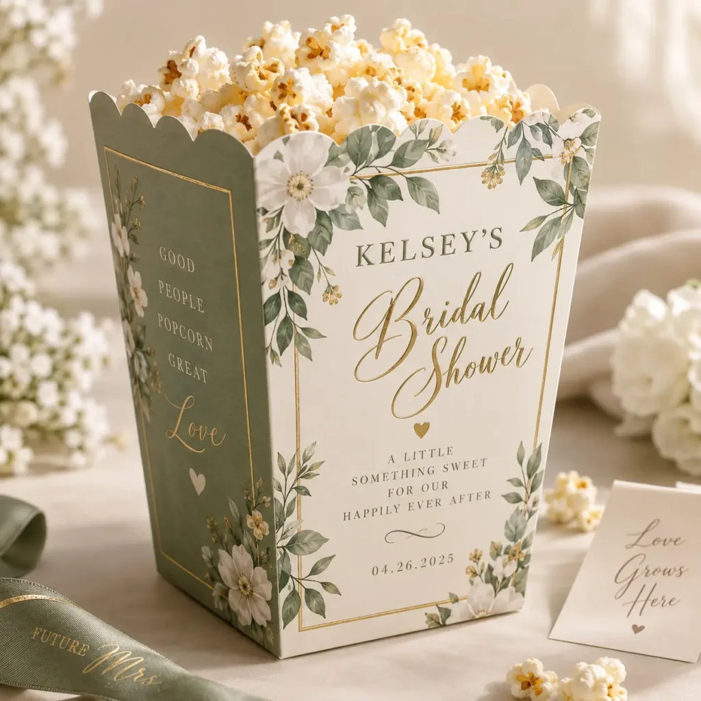 Sage green floral bridal shower popcorn box favor for Kelsey, gold script, white flowers, 04.26.2025, custom party packaging