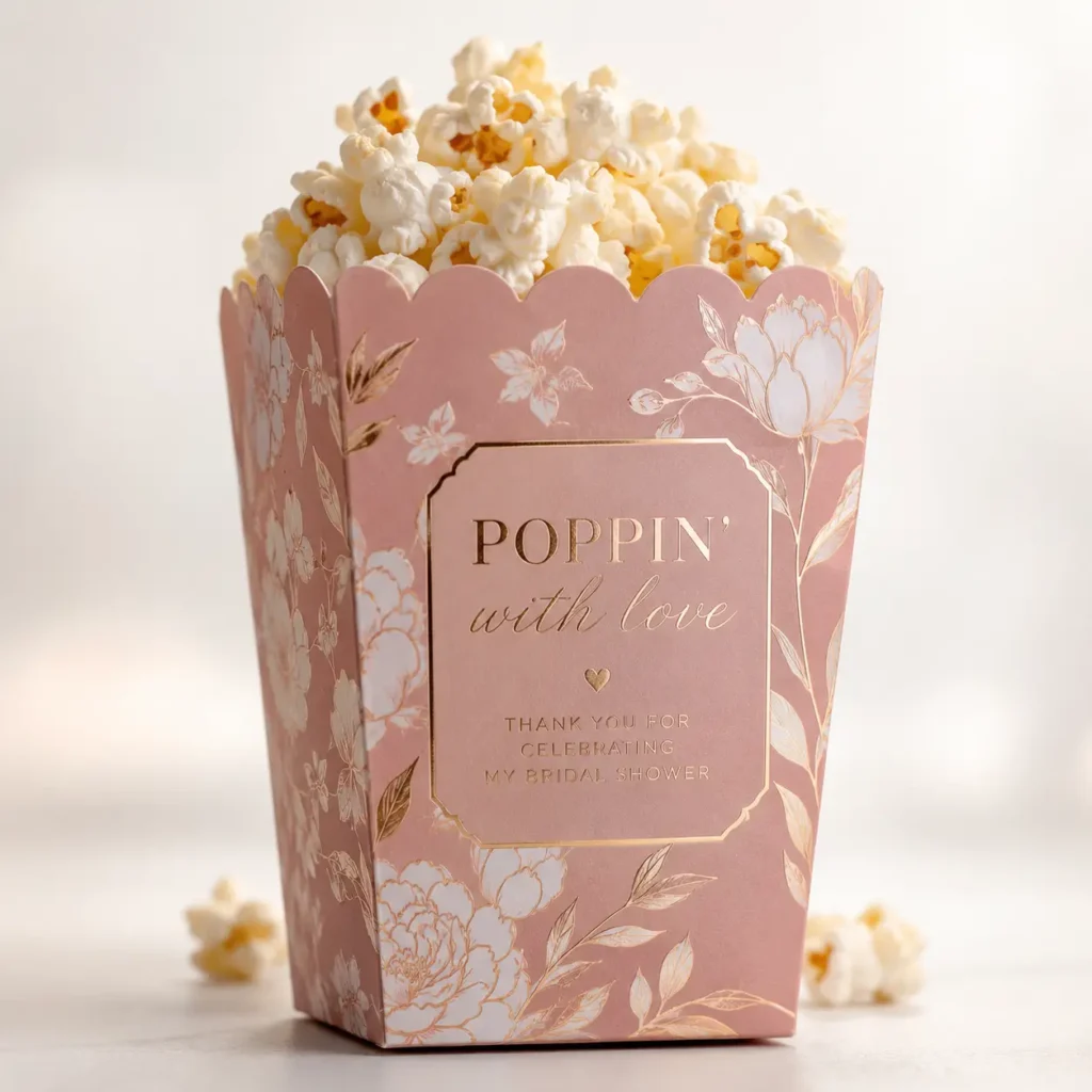 Pink floral bridal shower popcorn box favor with gold foil Poppin With Love text, filled with fresh popcorn