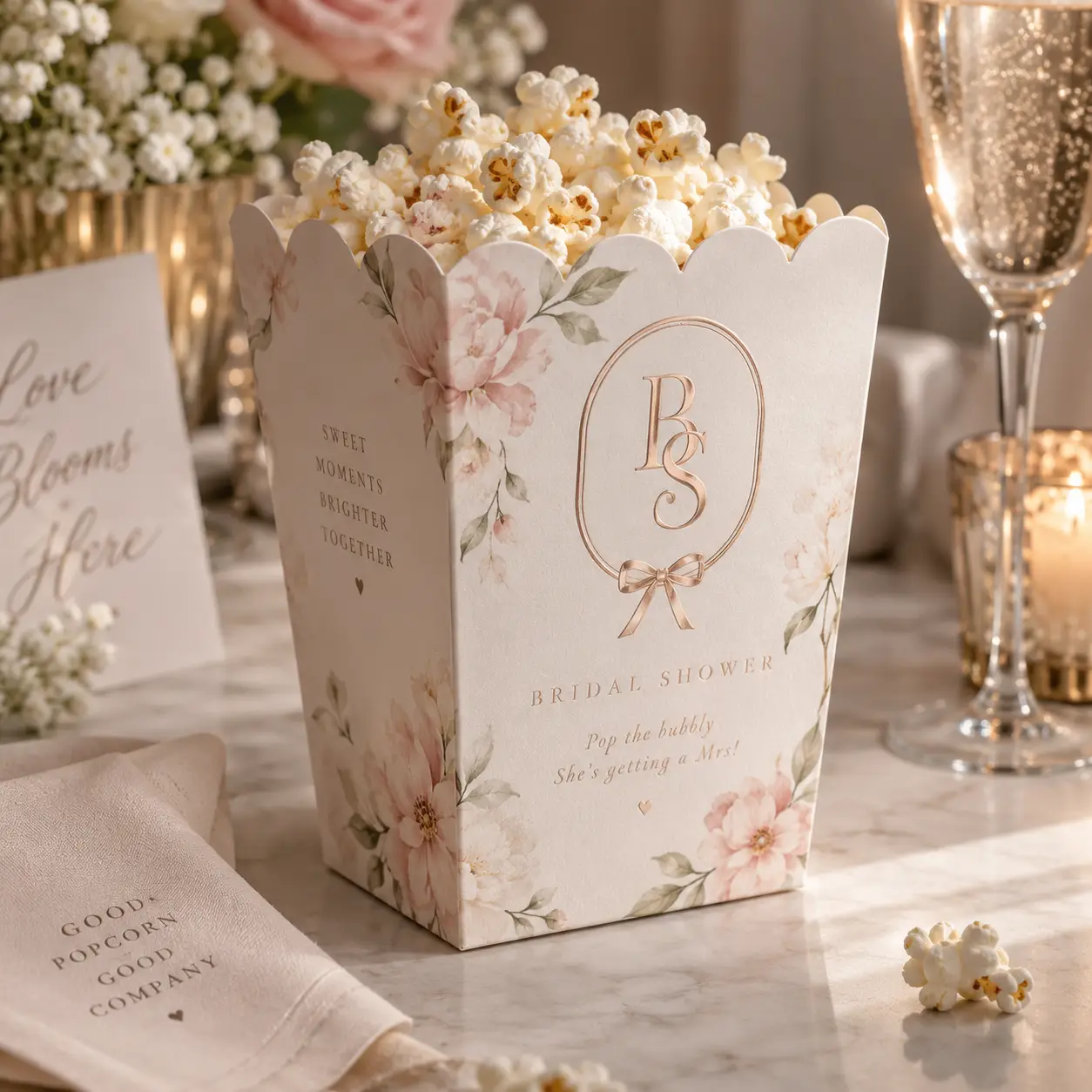 Elegant floral bridal shower popcorn box with gold BS monogram, pink roses, and Pop the Bubbly text on marble surface