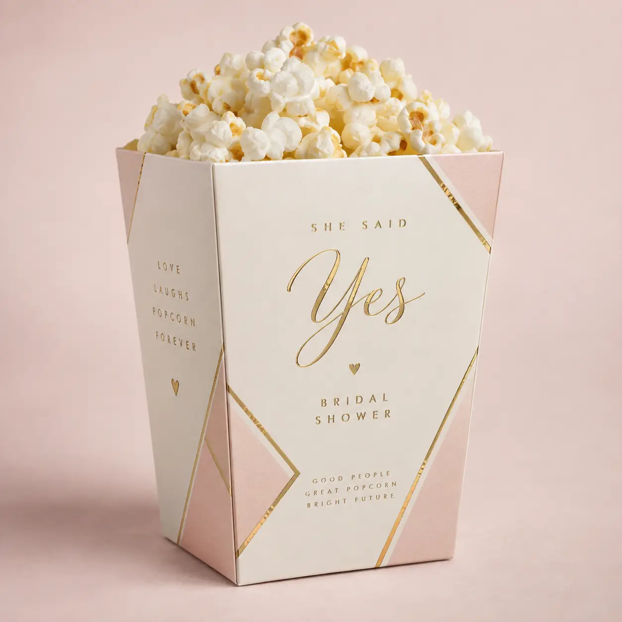 Blush pink gold foil bridal shower popcorn box she said yes favor packaging elegant geometric design