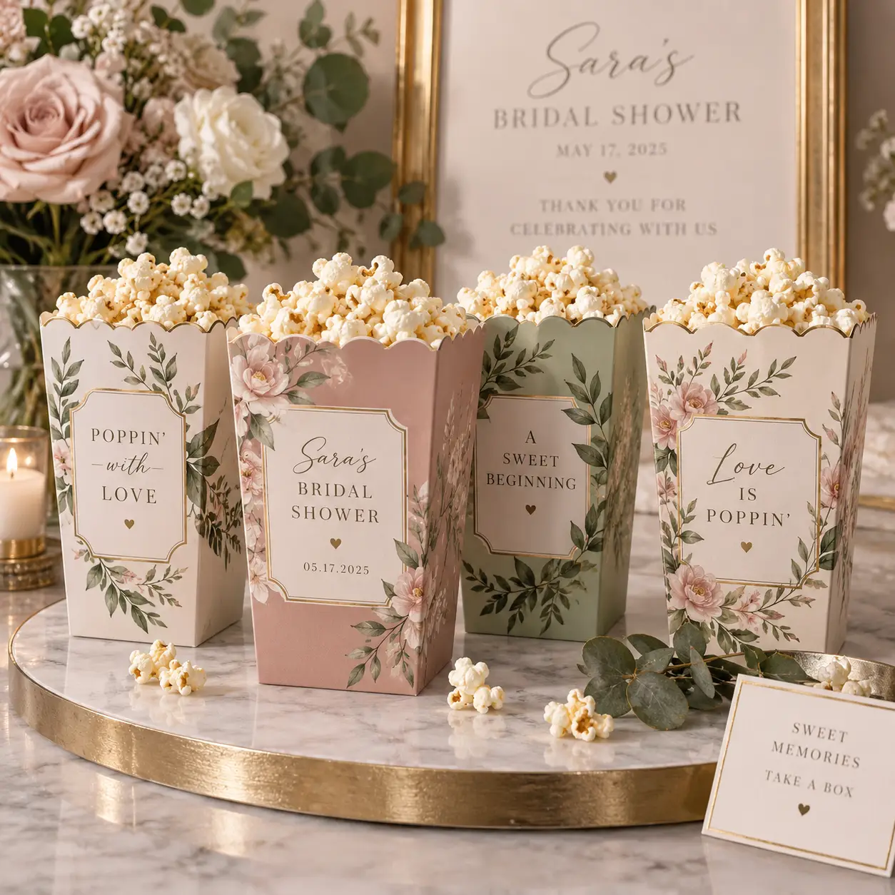 Floral bridal shower popcorn boxes in blush pink and sage green with gold trim, filled with popcorn, personalized for Sara's celebration