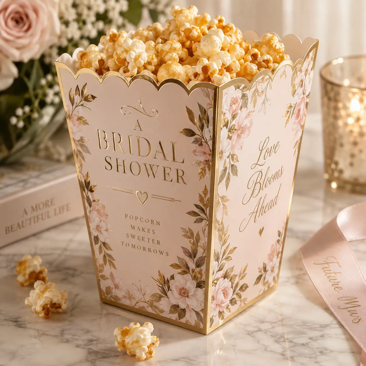 Elegant blush pink gold floral bridal shower popcorn box filled with caramel popcorn on marble surface with roses