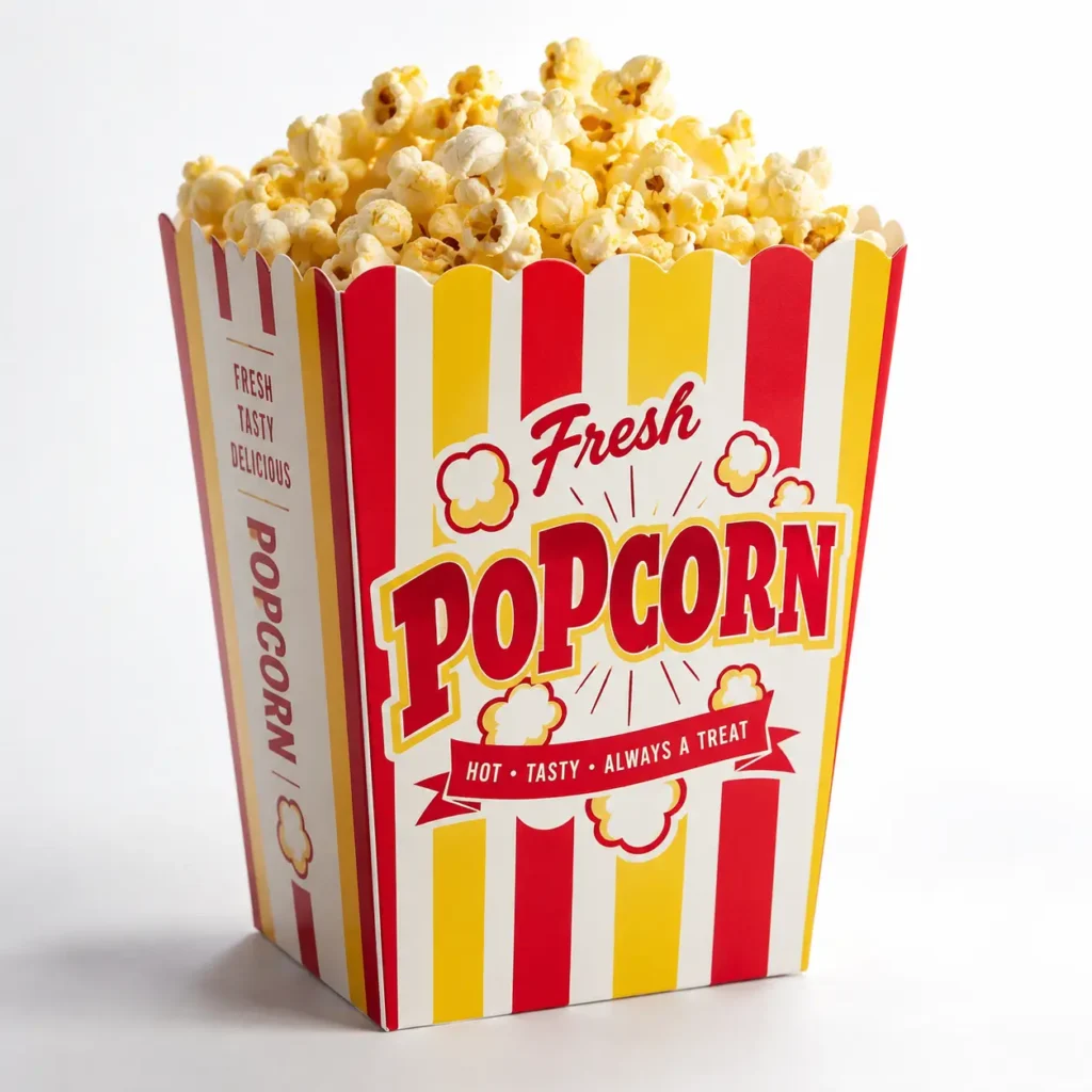 Red and yellow striped Fresh Popcorn box overflowing with buttery popcorn, retro carnival style custom food packaging design