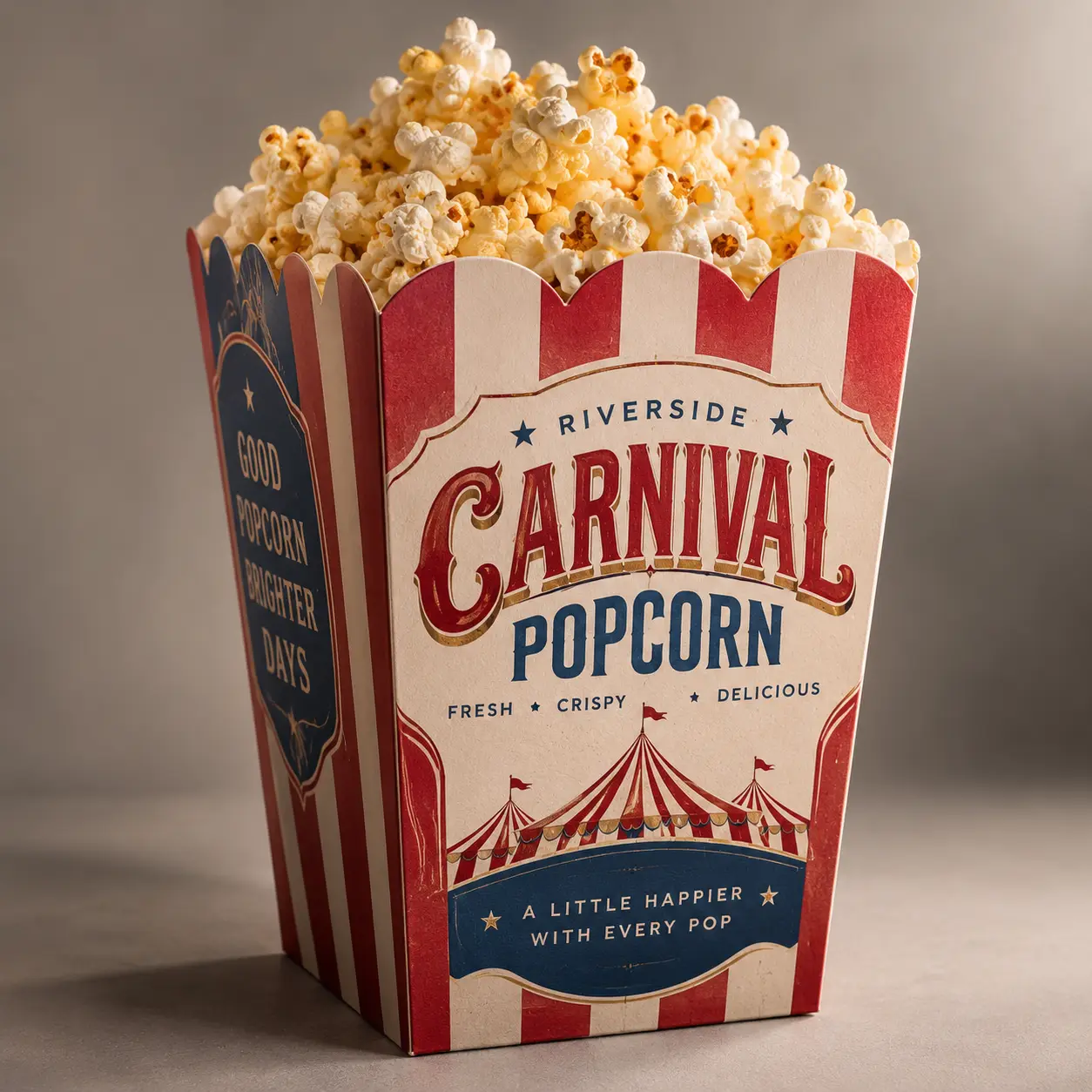 Vintage red white blue Riverside Carnival Popcorn box overflowing with fresh popcorn, retro circus tent design, custom food packaging
