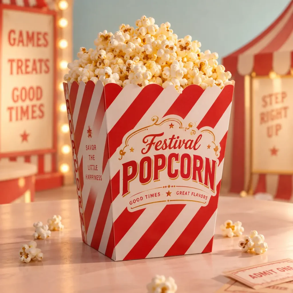 Red and white striped Festival Popcorn box overflowing with popcorn at carnival, custom food packaging by The Packaging Masters