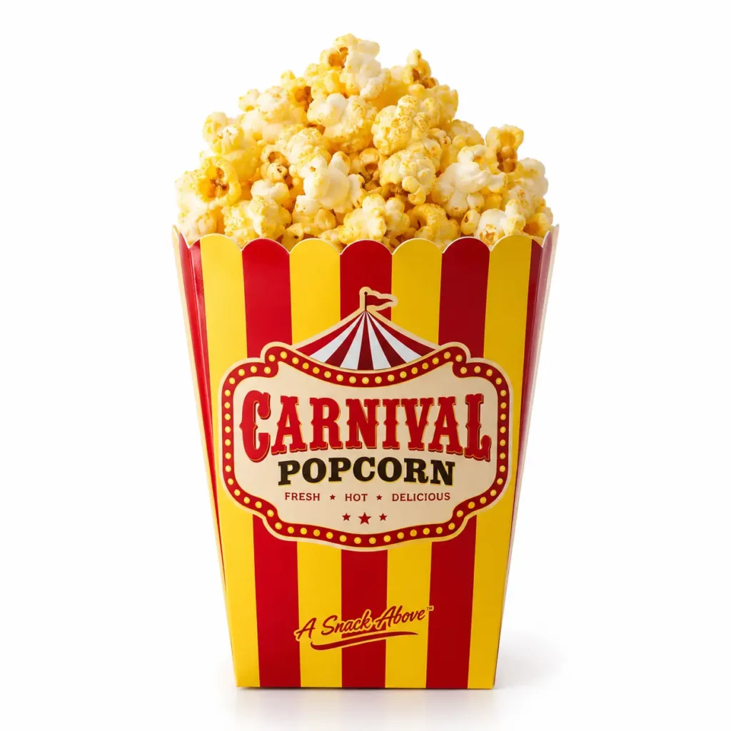 Red and yellow striped carnival popcorn box overflowing with fresh buttered popcorn, retro circus themed food packaging design