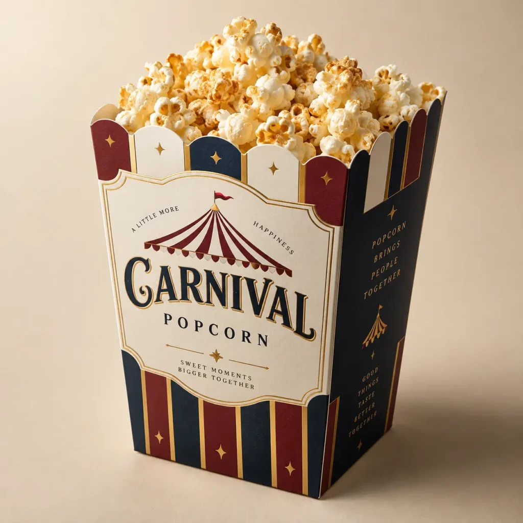 Carnival Popcorn custom packaging box in navy, red, and gold stripes with vintage circus tent design, overflowing with caramel popcorn