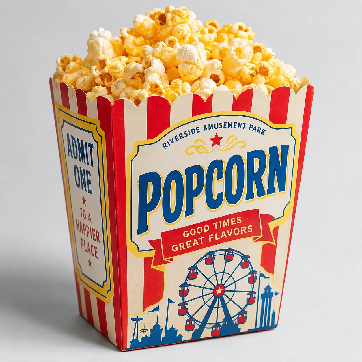 Vintage red white striped popcorn box with blue carnival design, Riverside Amusement Park branding, overflowing buttery popcorn
