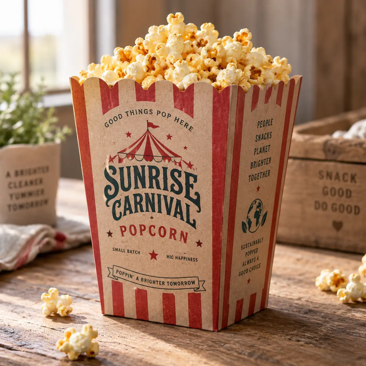 Vintage red striped Sunrise Carnival Popcorn box overflowing with fresh popcorn on rustic wood, retro carnival packaging design