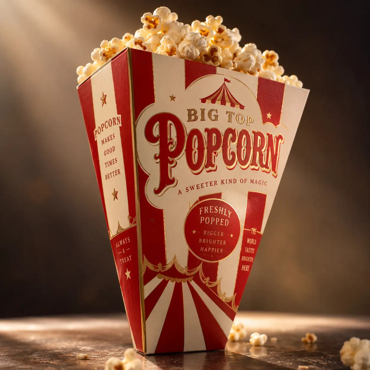 Red and white striped Big Top Popcorn circus-themed packaging box overflowing with freshly popped popcorn, vintage carnival design