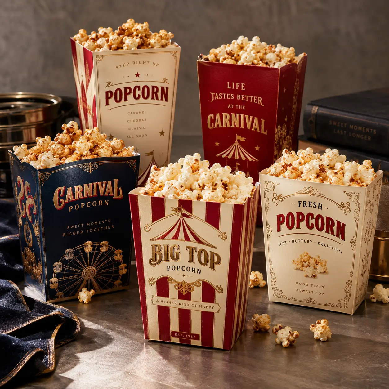 Vintage carnival popcorn boxes in red, navy, cream with gold accents, filled with caramel popcorn, retro circus packaging design