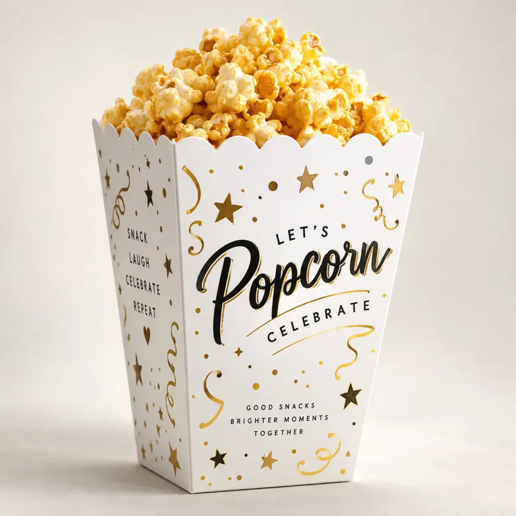 White gold celebration popcorn box packaging with Let's Popcorn Celebrate text, stars, confetti design, filled with buttery popcorn