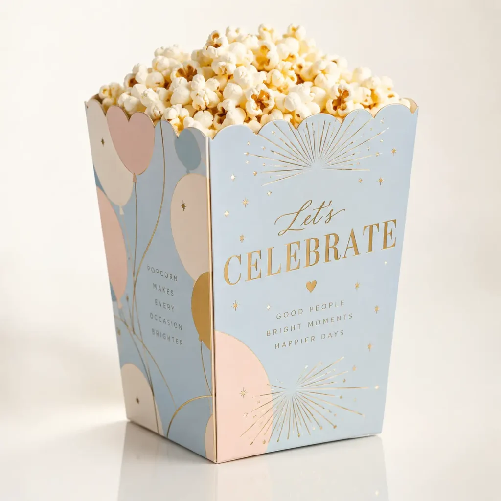 Elegant light blue celebration popcorn box with gold Let's Celebrate text, balloons, and overflowing white popcorn for party packaging