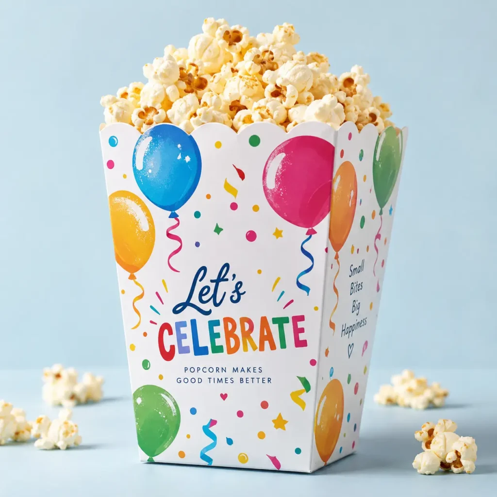 Colorful party popcorn box with balloons, confetti, Let's Celebrate text, custom celebration packaging by The Packaging Masters