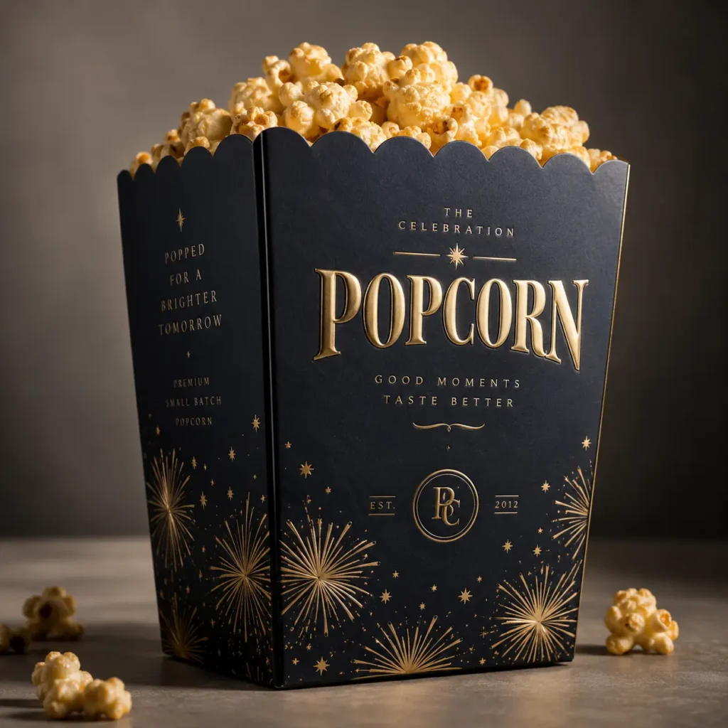 Luxury black gold foil popcorn box packaging design with elegant typography, firework motifs, and premium small-batch branding by The Packaging Mas...