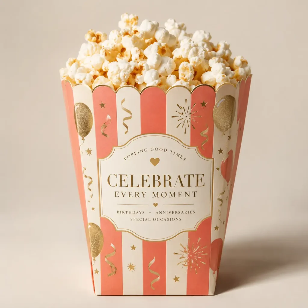 Festive coral pink and cream striped popcorn box with gold CELEBRATE EVERY MOMENT text, filled with fresh popcorn, party packaging design