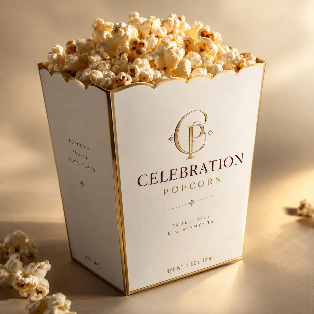 Luxury white and gold Celebration Popcorn box packaging filled with fresh popcorn, elegant branding, premium food packaging design