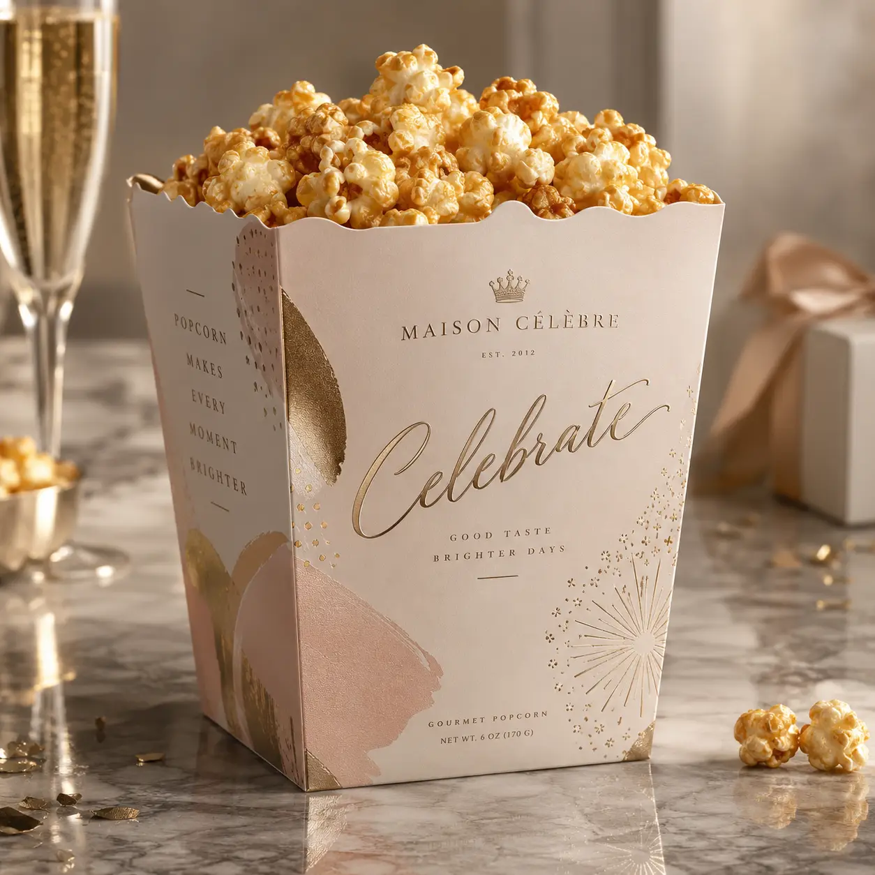 Maison Célèbre luxury gourmet popcorn box in blush pink and gold, filled with caramel popcorn, elegant celebration packaging design