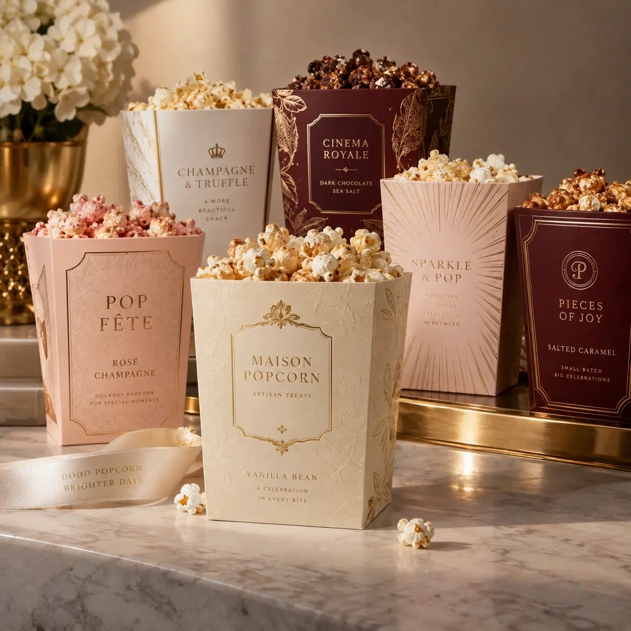 Luxury gourmet popcorn gift boxes in cream, blush pink, and burgundy with gold foil branding on marble surface