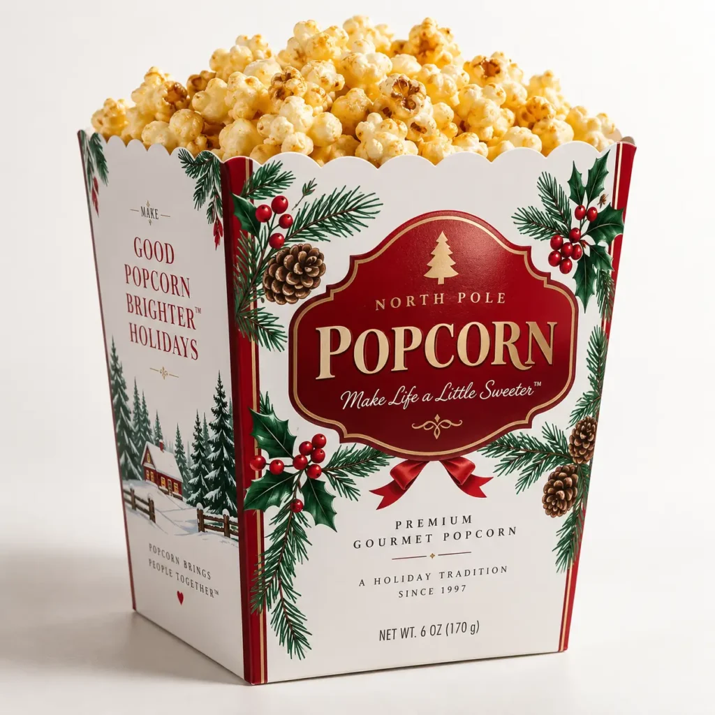 Holiday Christmas popcorn gift box red white green holly pine cones premium gourmet packaging design North Pole festive branding