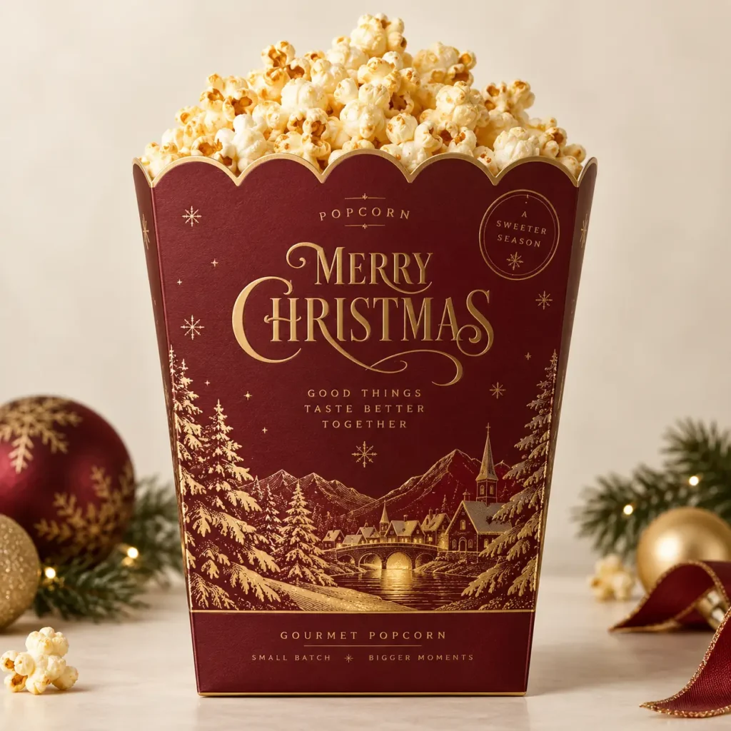 Luxury Christmas popcorn box packaging, deep red gold foil holiday village design, festive gourmet gift box overflowing with popcorn