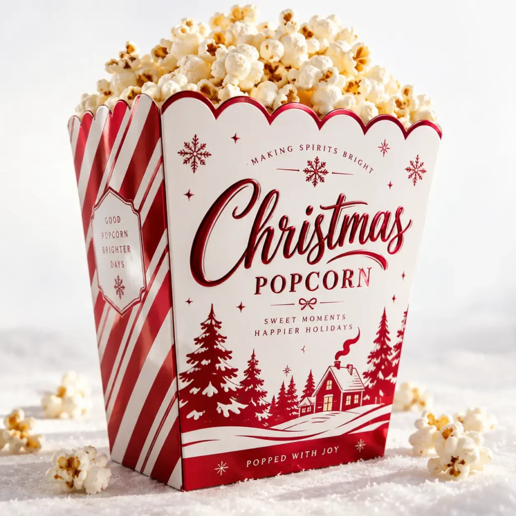 Red and white Christmas popcorn box with festive holiday packaging design, filled with fresh popped popcorn on snowy surface
