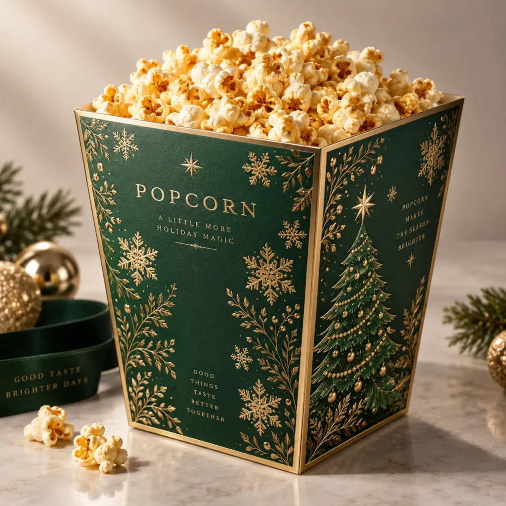 Luxury Christmas popcorn box with dark green and gold holiday packaging featuring snowflakes and festive tree design