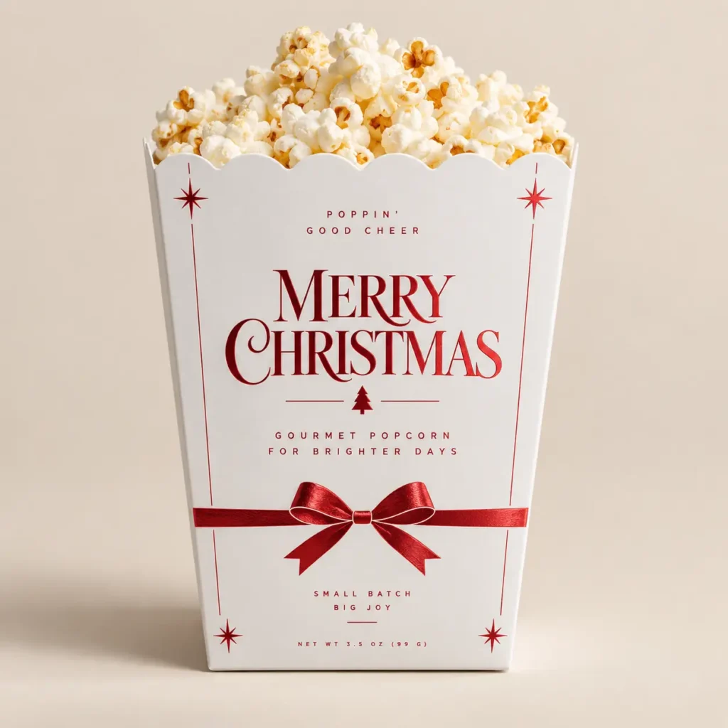 White Christmas popcorn box packaging with red bow, Merry Christmas text, scalloped edge, filled with gourmet popcorn, holiday gift design