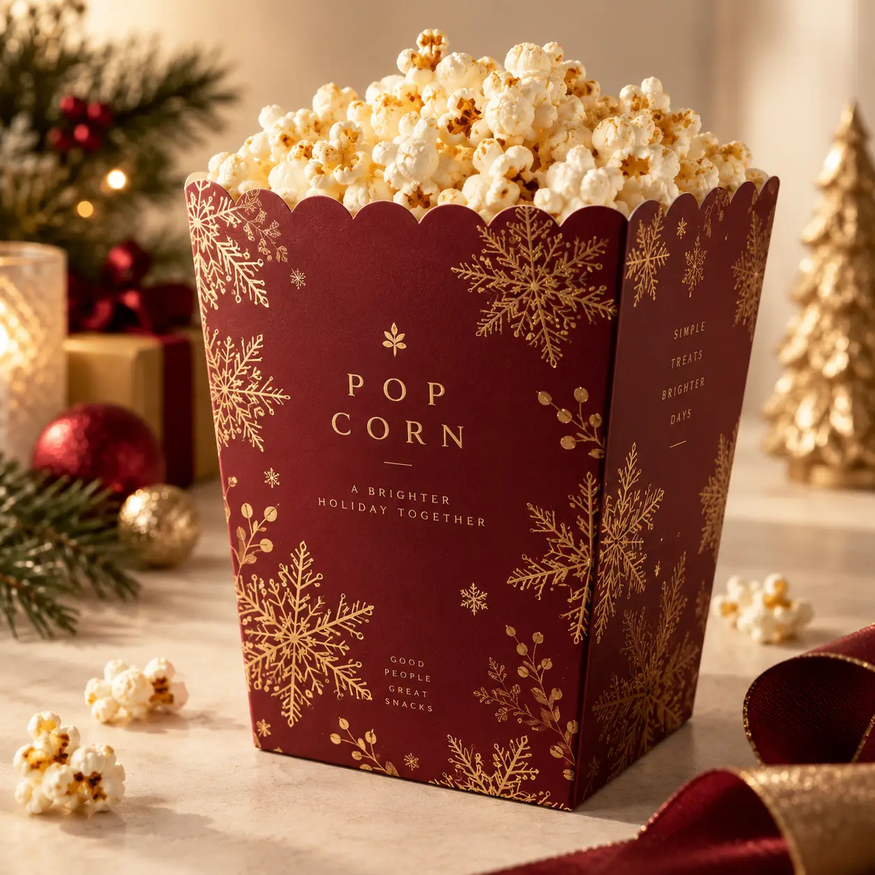 Festive holiday popcorn box packaging in deep red and gold with snowflake design, luxury Christmas gift snack container