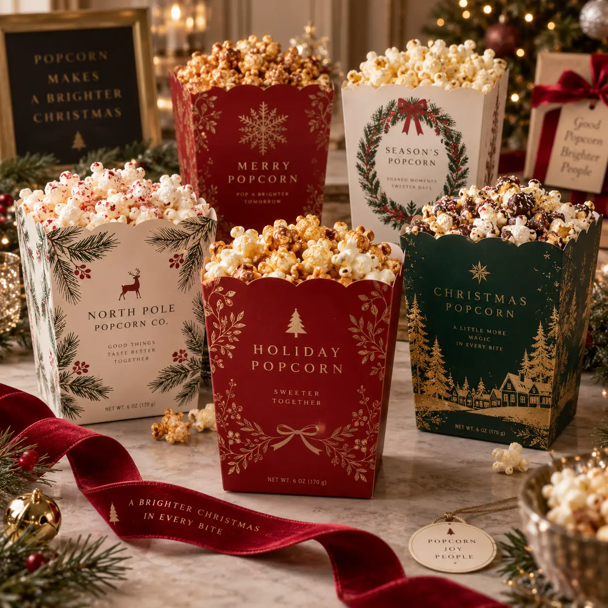 Festive Christmas popcorn gift boxes in red, green, and cream with gold holiday packaging designs displayed on marble surface
