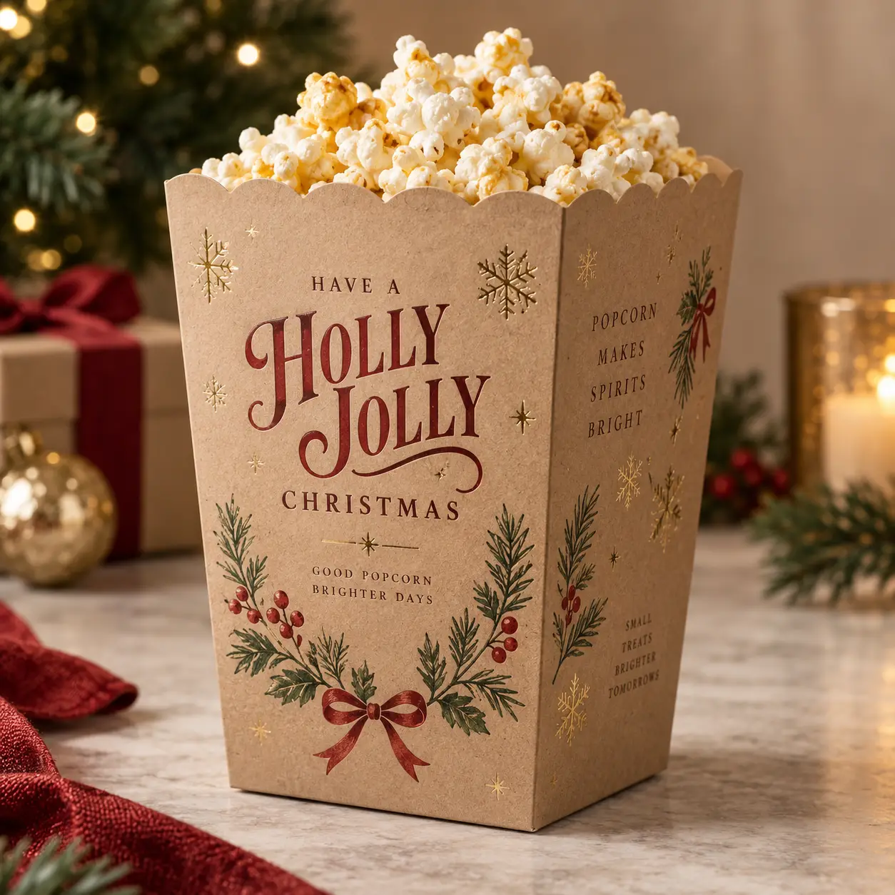 Kraft Christmas popcorn box with holly jolly holiday typography, red bow, gold snowflakes, filled with popcorn, festive gift packaging design