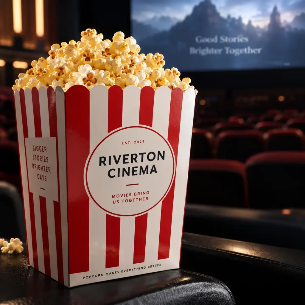 Red and white striped Riverton Cinema popcorn box overflowing with fresh popcorn inside a dark movie theater