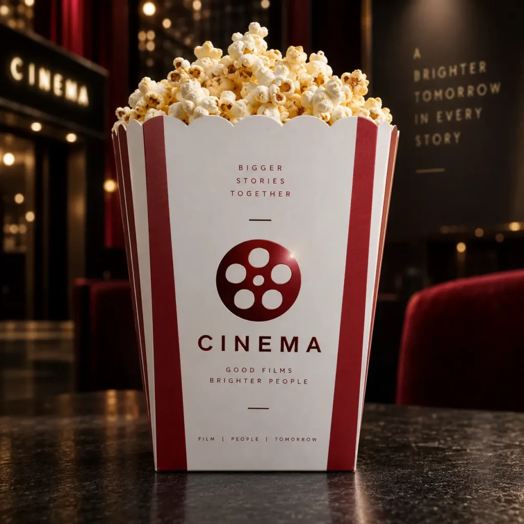 Red and white striped cinema popcorn box with film reel logo, filled with fresh popcorn, custom packaging design by The Packaging Masters