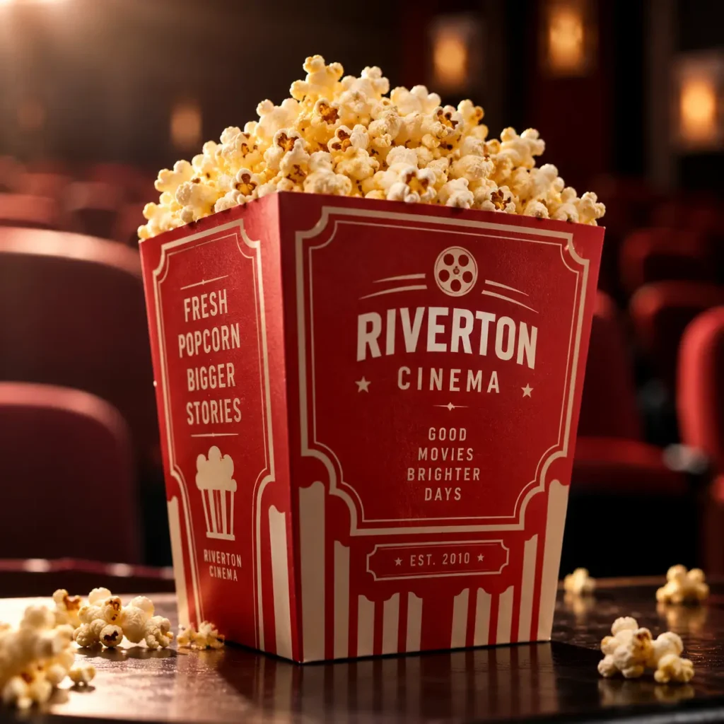 Red vintage cinema popcorn box with Riverton Cinema branding overflowing with fresh popcorn in dark movie theater