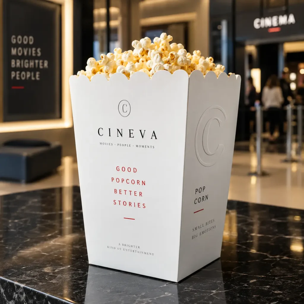 White luxury cinema popcorn box packaging with red typography for Cineva brand displayed on marble counter in modern movie theater lobby