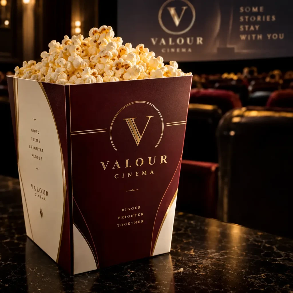 Luxury burgundy gold Valour Cinema popcorn box packaging overflowing with fresh popcorn in elegant dark theater setting