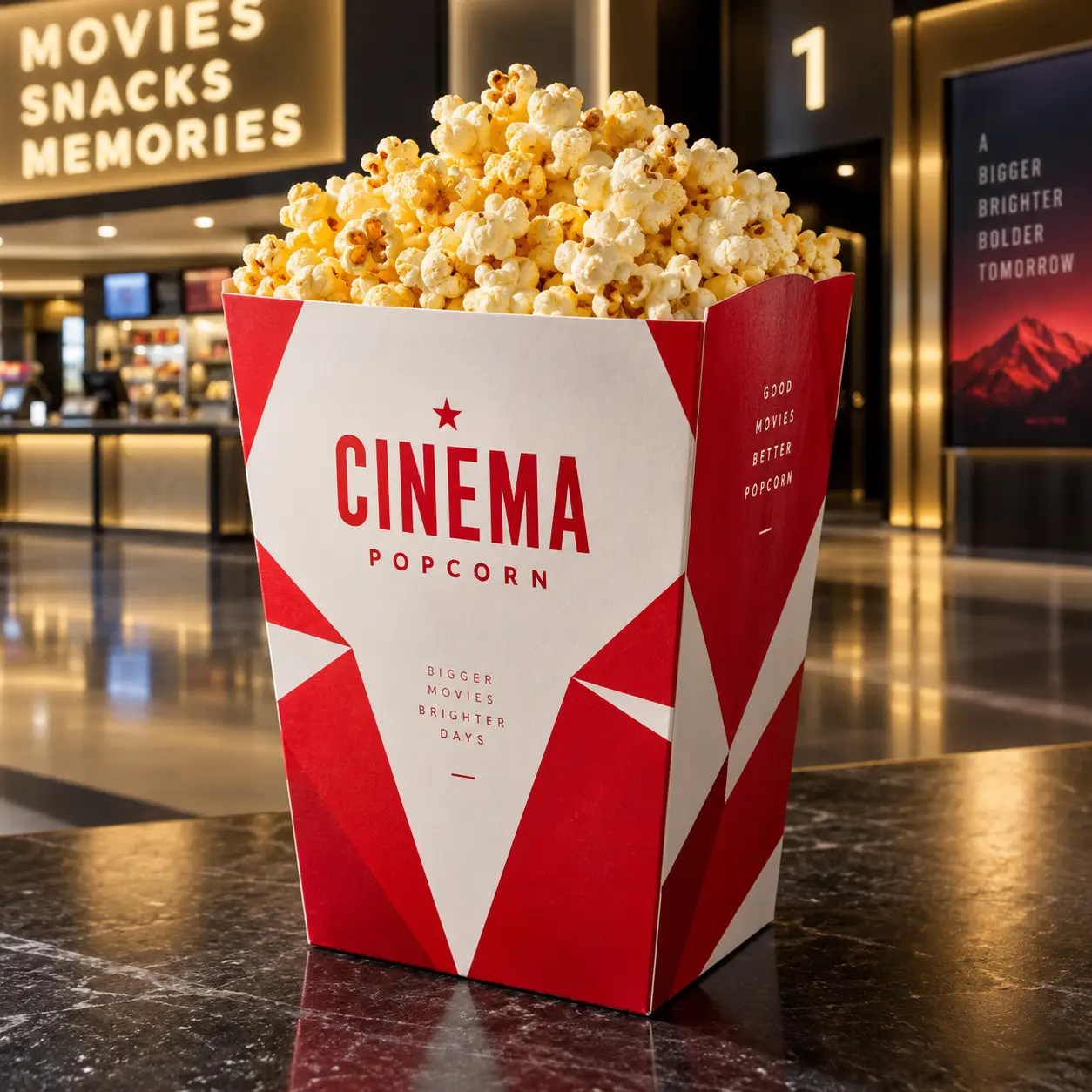 Red and white cinema popcorn box with geometric design overflowing with fresh popcorn in modern movie theater lobby