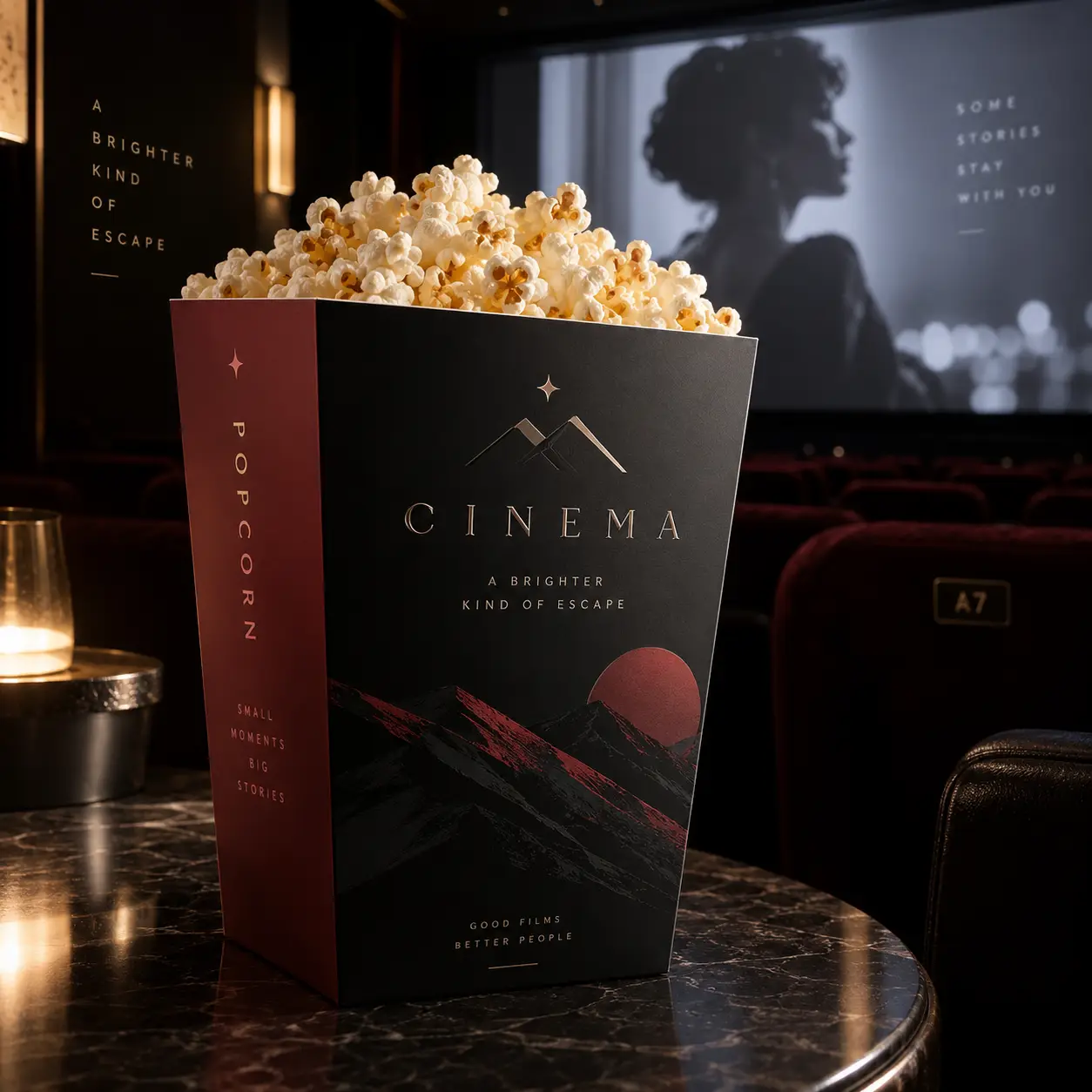 Elegant black and crimson cinema popcorn box with mountain logo on marble table in luxury dark theater