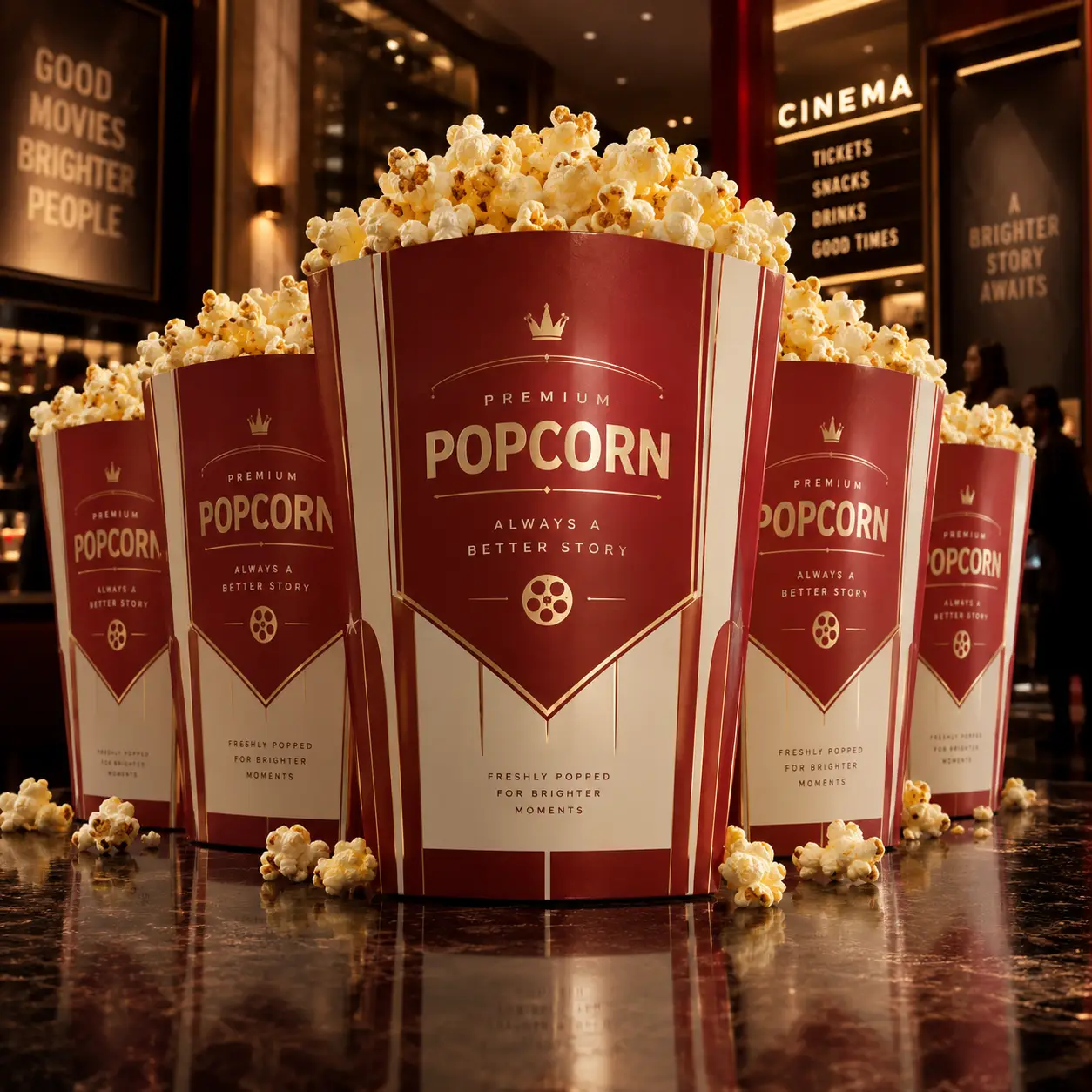 Red and white premium popcorn buckets with gold branding displayed in cinema lobby, custom food packaging design by The Packaging Masters