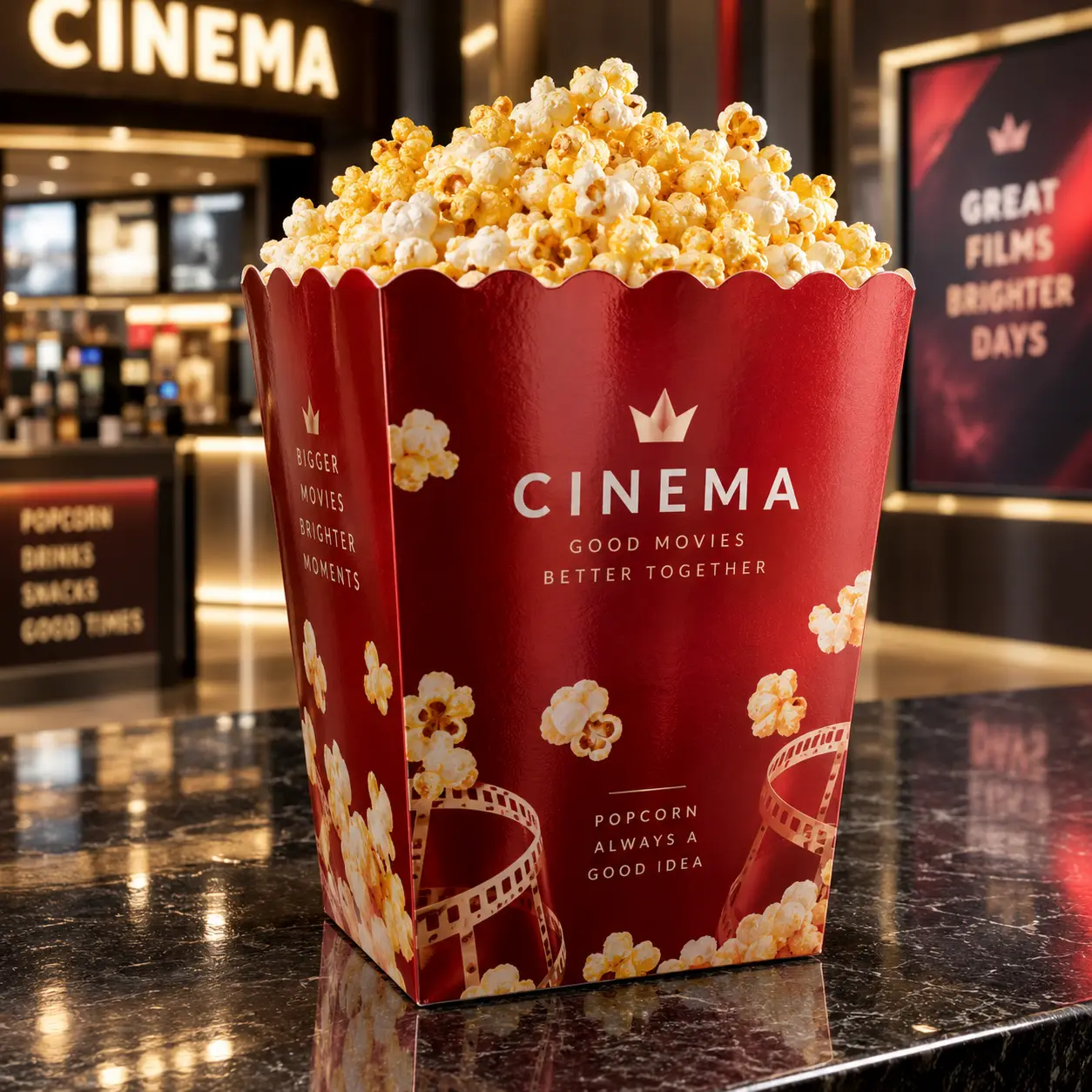 Red cinema popcorn box with crown logo on marble counter, overflowing with fresh popcorn in movie theater lobby