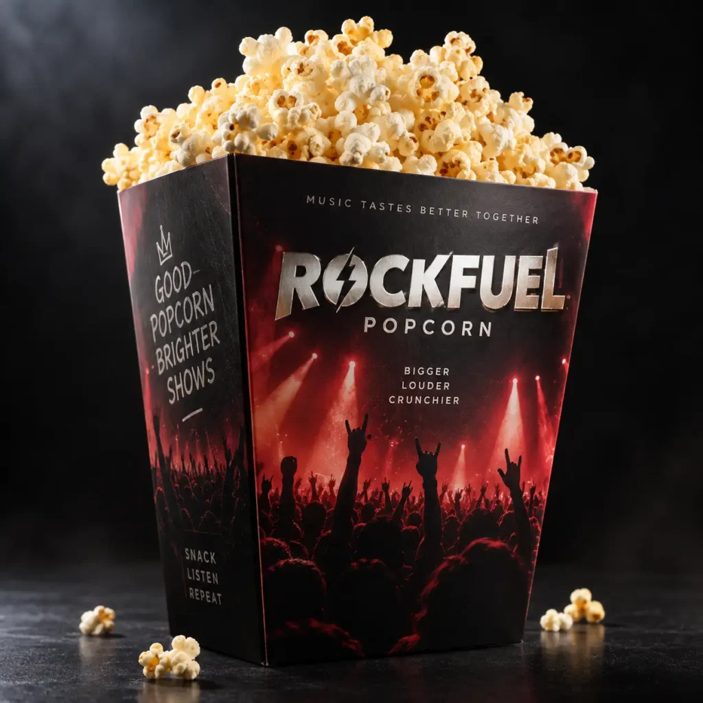 Rockfuel Popcorn box packaging design with rock concert crowd, red stage lights, bold silver logo, overflowing buttery popcorn, dark dramatic backg...