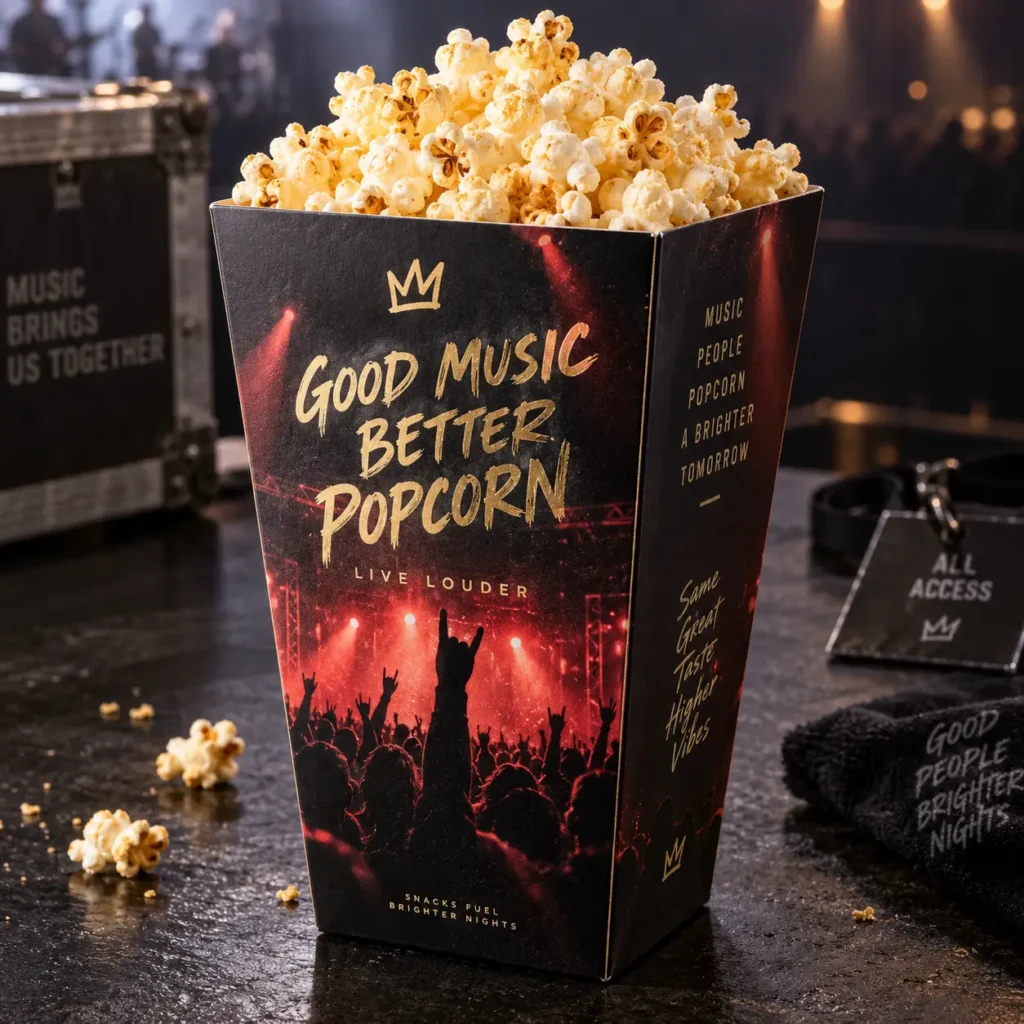 Black concert-themed popcorn box with gold "Good Music Better Popcorn" text, red stage lighting, crowd silhouettes, custom food packaging design