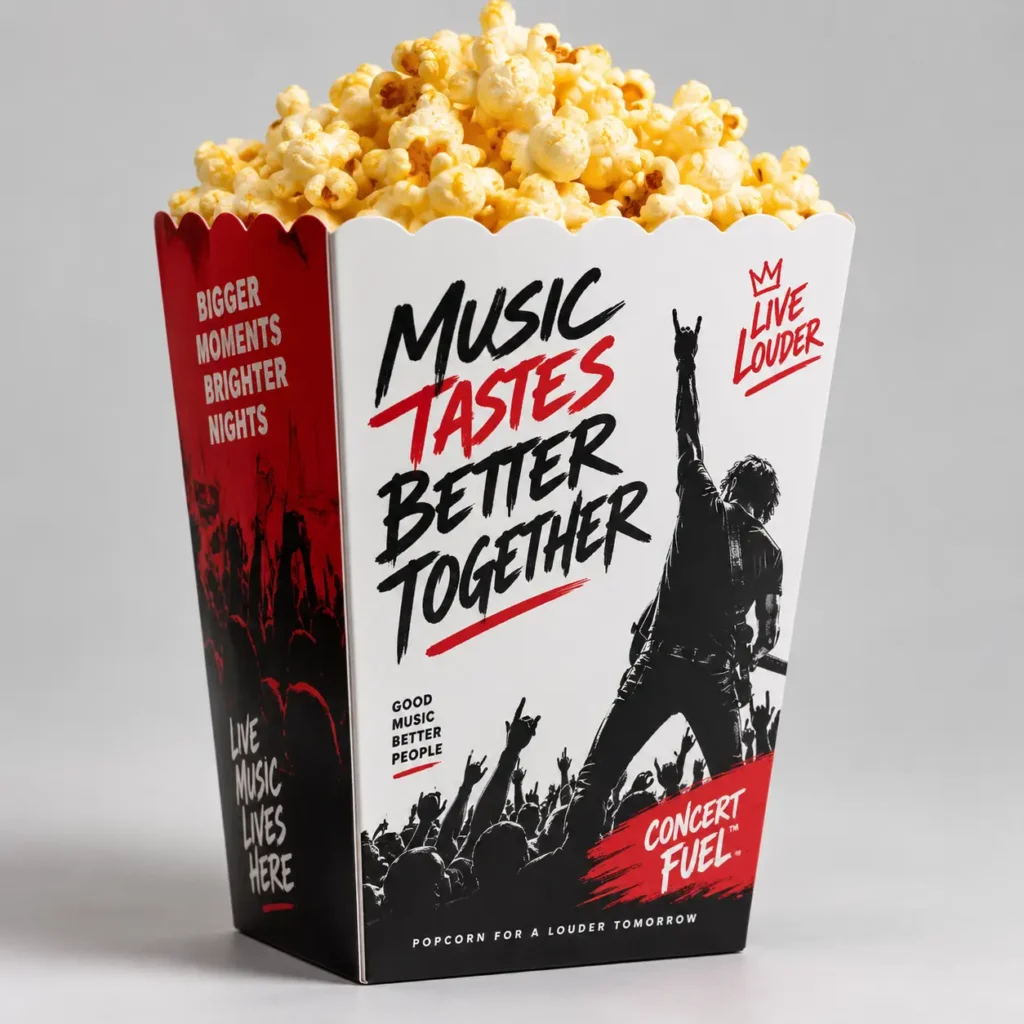 Concert Fuel popcorn box packaging design in black, red, white with rock musician silhouette and Music Tastes Better Together slogan