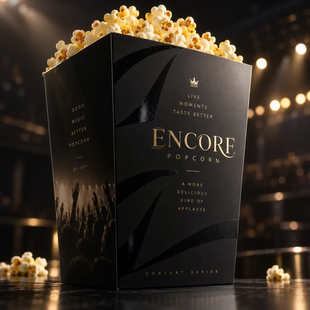 Elegant black gold Encore Popcorn concert series luxury packaging box overflowing with popcorn on dark stage background