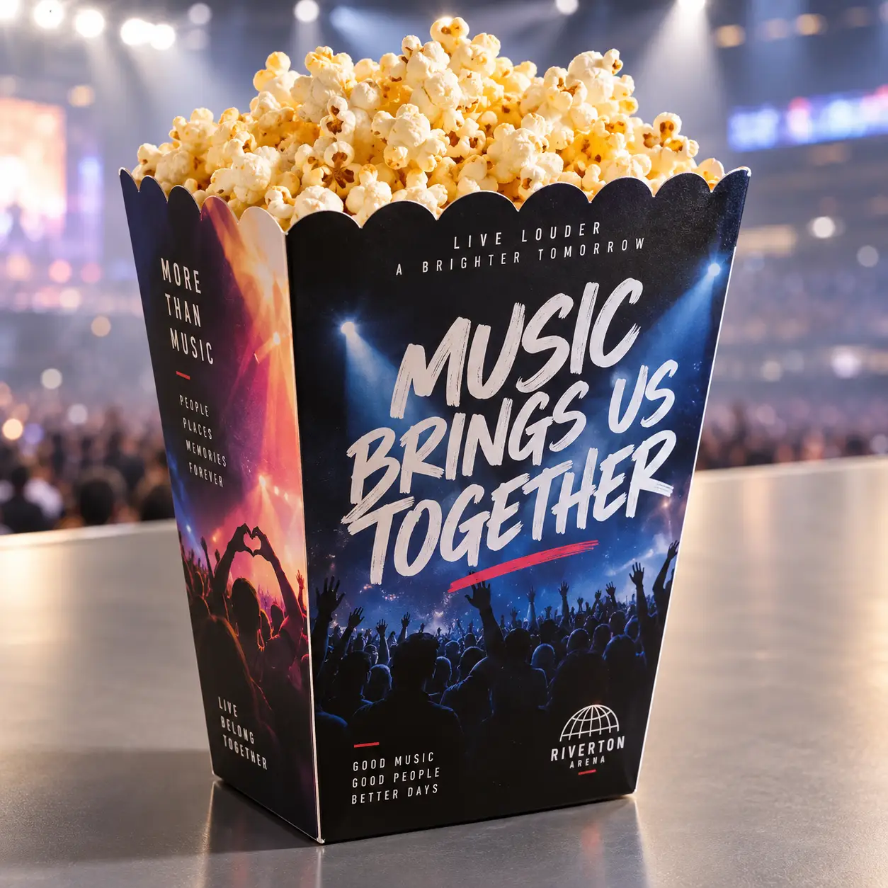 Dark navy concert-themed popcorn box printed with "Music Brings Us Together" for Riverton Arena, filled with fresh buttered popcorn