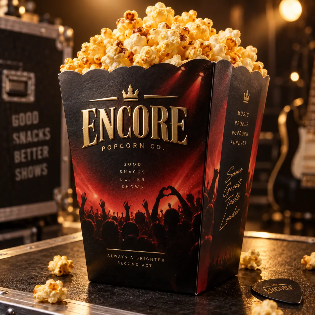 Black gold Encore Popcorn Co concert-themed box overflowing with buttery popcorn, red stage lights, crowd silhouette, music venue backdrop